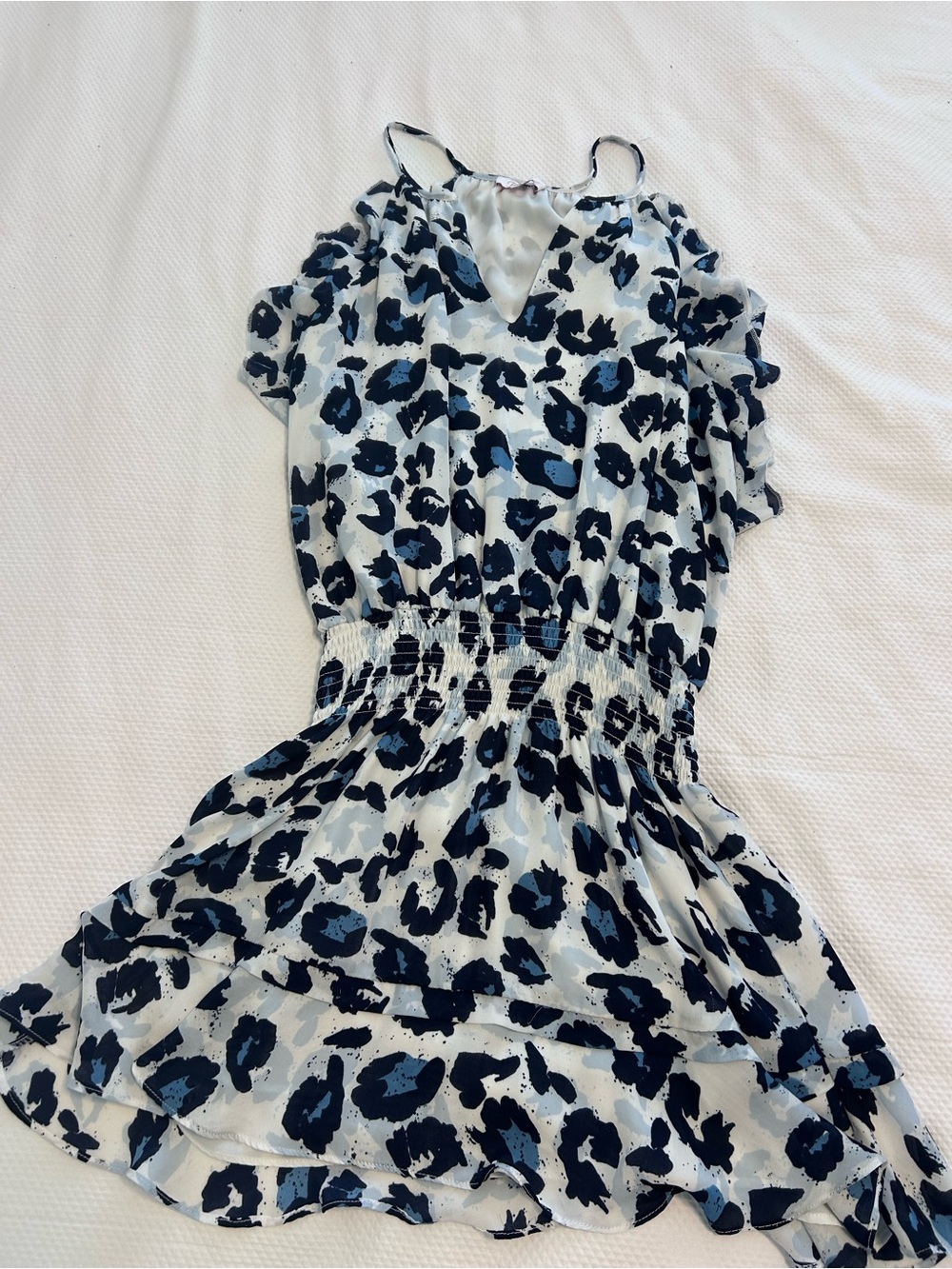 Parker Navy and White Leopard-Print Smocked Waist Dress